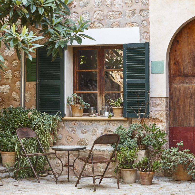Traditional house patio decorated with plants in Mallorca, Balearic islands